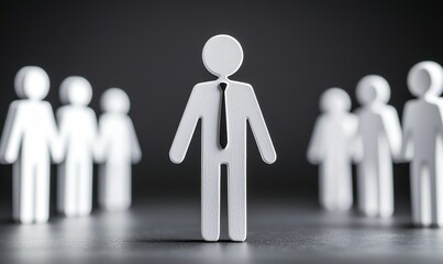 White figure with tie stands out against blurred group on dark background, leadership concept