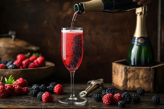 A bartender pouring champagne into a flute glass, with cassis liqueur visible at the bottom.Kir royale.Classic kir royale.Champagne cocktail.Sparkling wine cocktail.
