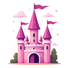 Pink castle with flags, clouds and stars on transparent background