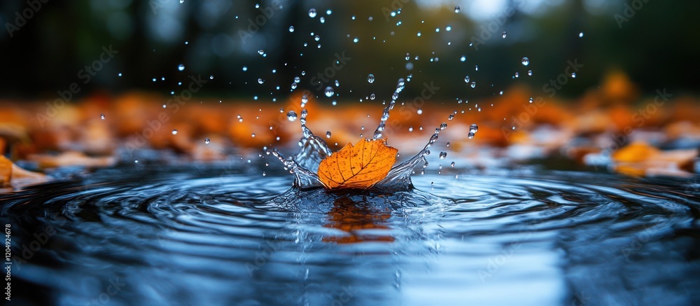 Poster autumn leaf splashing into water, creating concentric ripples.