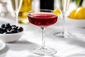 A Kir Royale at an elegant celebration, the glass placed on a white linen tablecloth with a champagne bottle.Champagne cocktail.Sparkling wine cocktail.Kir royale.Classic kir royale.