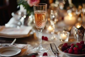 A Kir Royale in a beautifully chilled flute, surrounded by fine dining elements like elegant cutlery, fresh berries.Champagne cocktail.Sparkling wine cocktail.Kir royale.Classic kir royale.