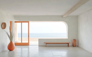 Cozy interior with ocean view and minimalist design in a bright airy space