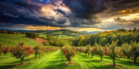 Fototapeta premium Tilt-Shift Apple Orchard Dramatic Cloudscape - Miniature Photography