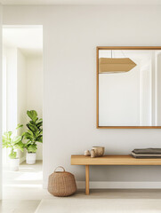 Cozy entrance with minimalist decor featuring a wooden bench and indoor plants