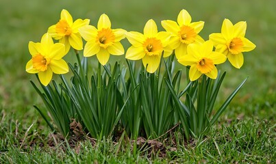 Fototapeta premium Yellow daffodils blooming in a garden with green grass background
