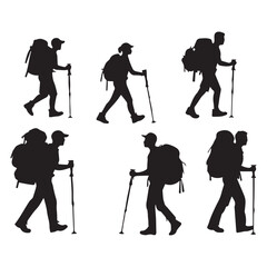 Naklejka premium Set of silhouette of Hiking man. hikers with rucksacks and backpack silhouette.