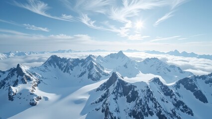 Fototapeta premium Gleaming sunlight bathes snow-capped peaks against a light blue sky, with delicate cirrostratus clouds floating overhead. 
