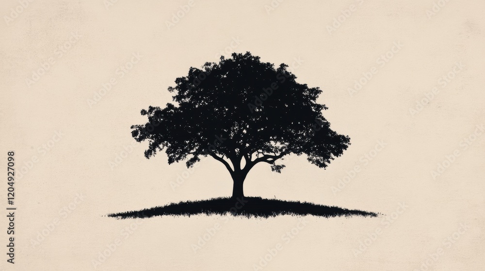 Poster silhouette of a solitary tree on a grassy hill against a pale background at sunset. generative ai