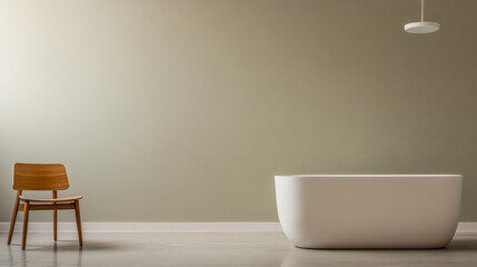 Modern minimalist bathroom with a freestanding tub and wooden chair in neutral tones