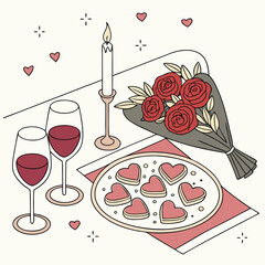 A cozy Valentine's Day dinner setup with a beautifully decorated table