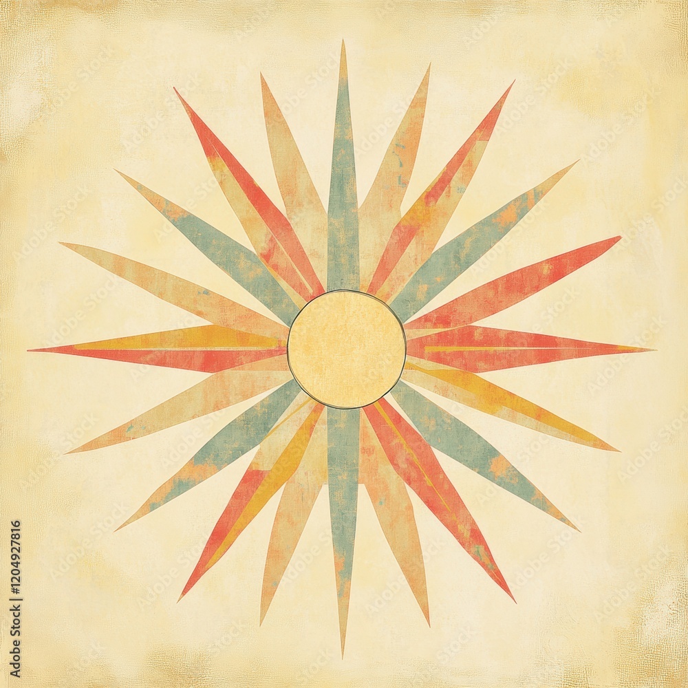 Poster Colorful star design with a vintage look, featuring various sharp rays in warm tones. Generative AI