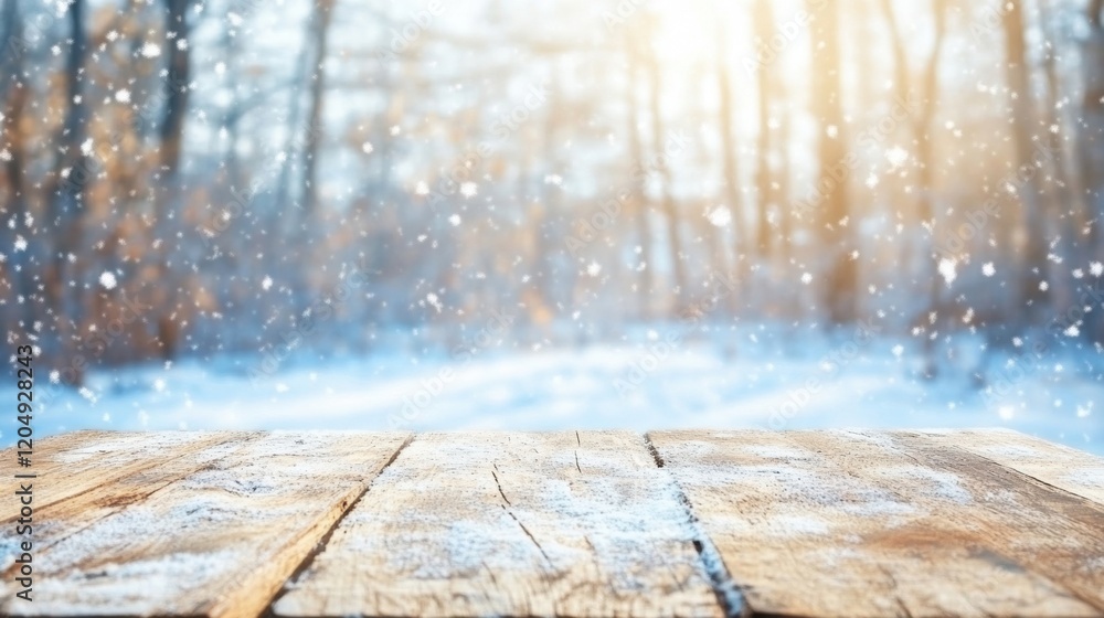 Poster a rustic wooden table stands in a snowy winter forest, illuminated by soft sunlight filtering throug