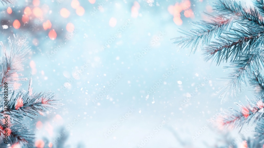 Poster pine branches dusted with snow create a tranquil setting against a softly blurred snowy background, 