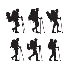 Naklejka premium Set of silhouette of Hiking man. hikers with rucksacks and backpack silhouette.