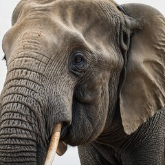 Elephant Close-Up: A large African elephant standing gracefully, with detailed textures on its wrinkled gray skin. Its tusks are smooth and ivory-colored, and its soulful eyes gaze forward against a c