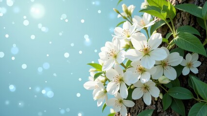 Fototapeta premium Close-up, eye-level glimpse of delicate white cherry blossoms, centered amidst lush green stems and leaves under a soft sky. Their ethereal beauty captures spring's essence perfectly