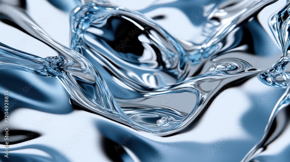 Poster the metallic liquid texture features flowing waves and reflections, offering an abstract experience 