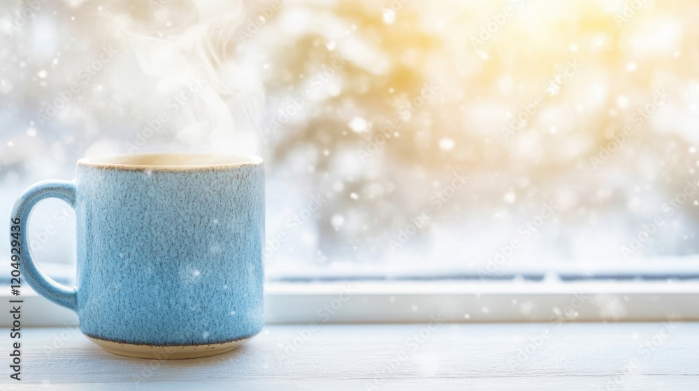 Poster a steaming mug rests on a windowsill, offering a cozy view of soft snowfall against the backdrop of 
