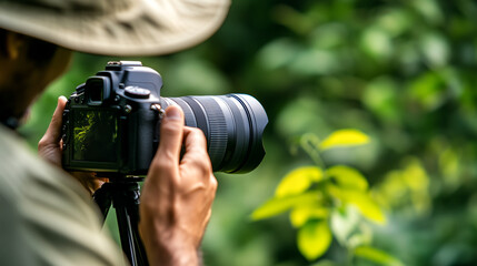 Fototapeta premium photographer capturing nature with camera on tripod, showcasing artistic passion