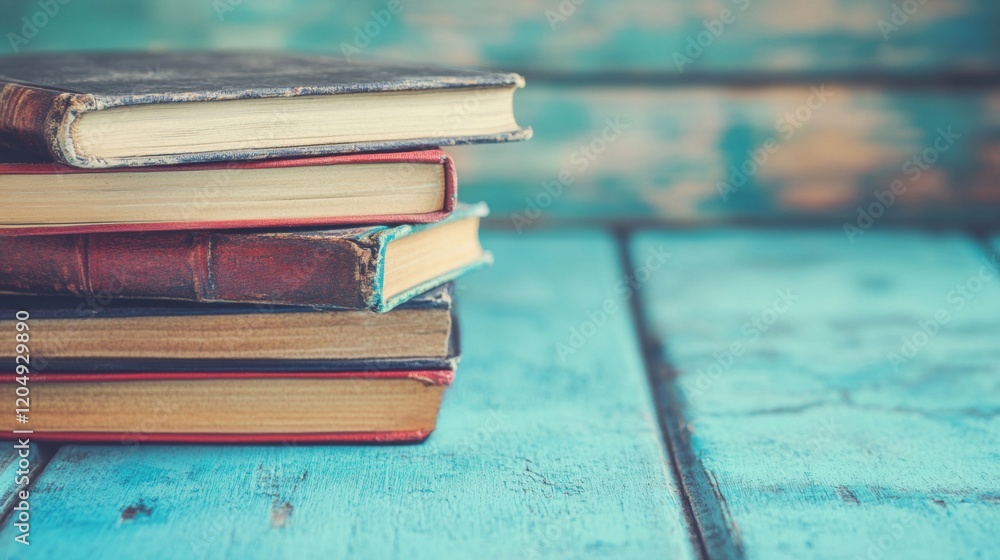 Poster a colorful stack of books is neatly arranged on a weathered blue wooden table, creating a cozy readi