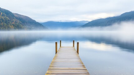 Obraz premium A calm wooden dock stretches over still waters of a misty mountain lake, surrounded by tranquil hills and soft morning light