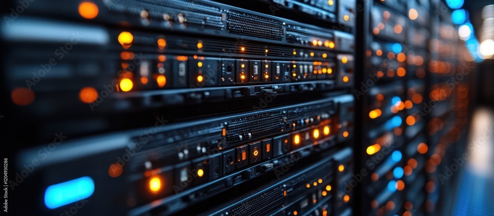 Poster close-up of illuminated server racks in a data center. (1)