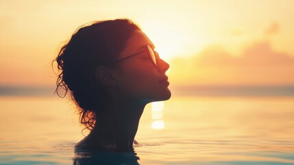 A woman with curly hair enjoys a peaceful moment in a pool, basking in the warm golden glow of a vibrant sunset