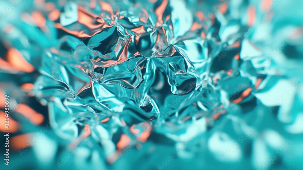 Poster textured metallic surface displays an intricate arrangement of crumples, highlighting reflections of