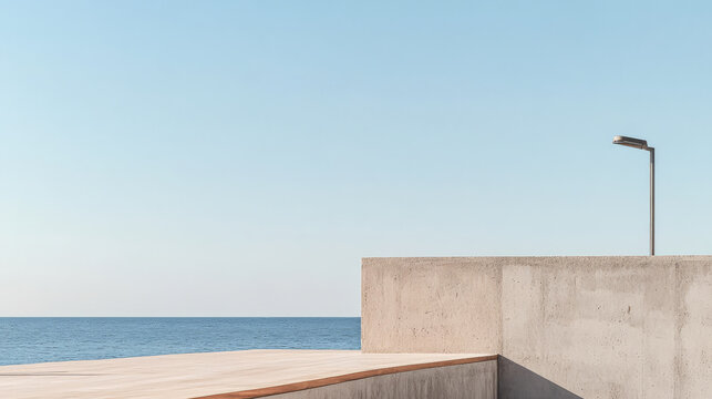 Modern concrete structure overlooking calm sea at sunset near a coastal location