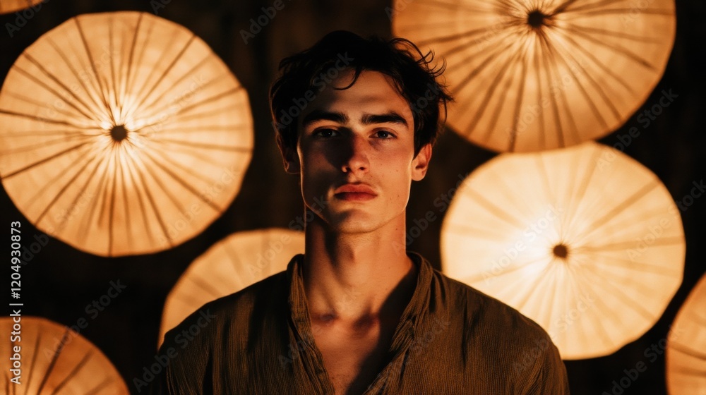 Poster a young man with an assured expression poses in front of illuminated fans, creating a captivating at
