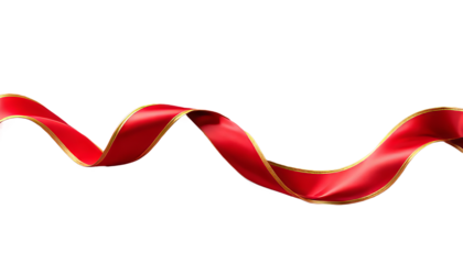 Red ribbon with gold trim on transparent background