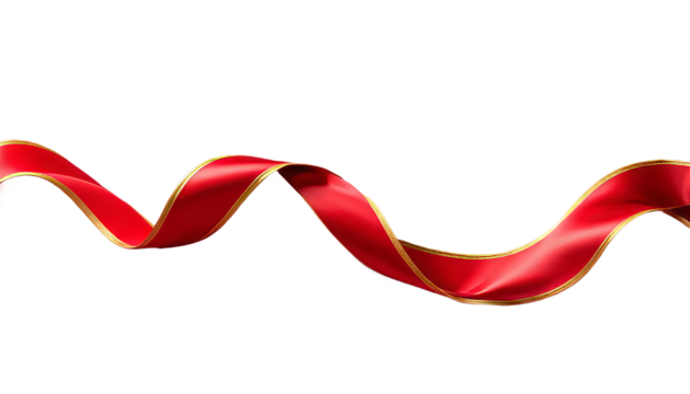 Red ribbon with gold trim on transparent background