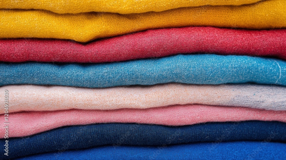 Poster neatly arranged stack of colorful folded clothes in various shades, creating an inviting and vibrant