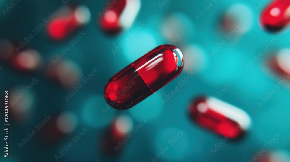 Poster red capsules hover in mid air, surrounded by a soft blue backdrop, creating a mesmerizing and surrea