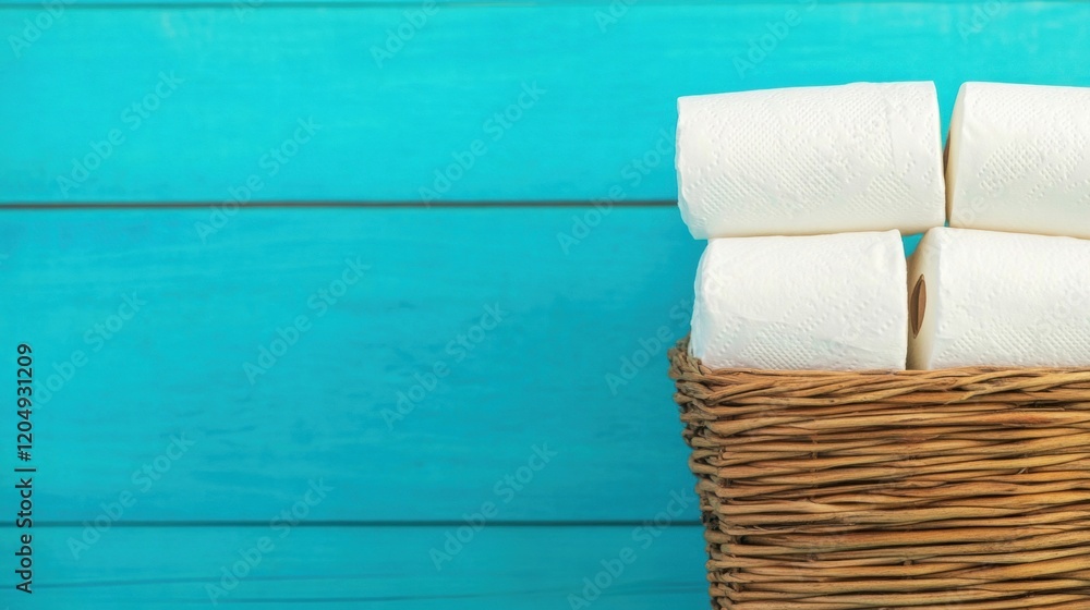 Poster neatly stacked toilet paper rolls sit in a wicker basket, offering a tidy solution in a bathroom set