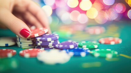 Naklejka premium A manicured hand with red nails strategically places colorful chips on a casino table in a vibrant and lively atmosphere