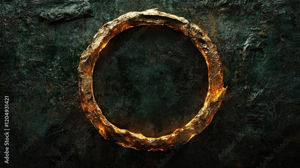 Poster golden circular frame on dark textured background with fiery glow effect
