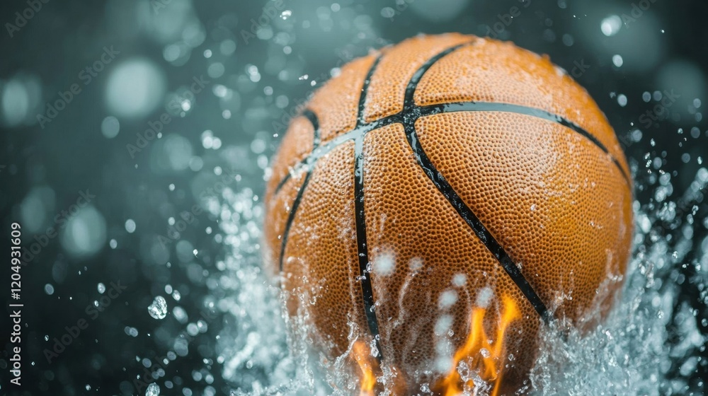 Poster a basketball is engulfed in flames while splashing through water, creating an intense and captivatin