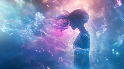 Woman Silhouette Enveloped in Abstract Swirling Smoke