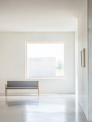 Modern minimalist interior design featuring a bench and a large window