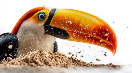 Vibrant Toucan playfully digs in brown sand bright light splashes water droplets. AI Generated