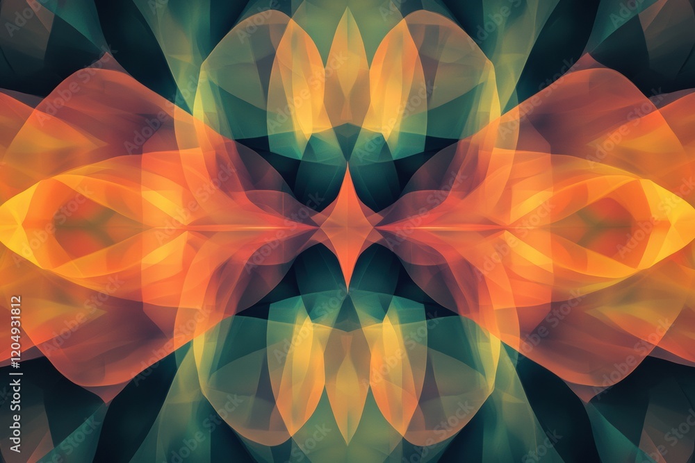 Poster colorful abstract pattern featuring vibrant shapes and intricate designs in a symmetrical arrangemen