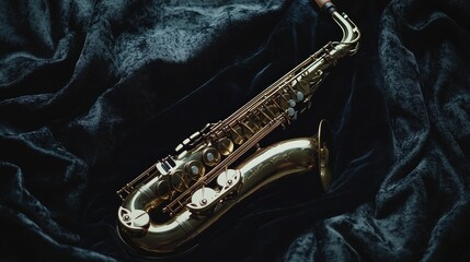 Obraz premium A classic tenor saxophone resting on a black velvet cloth, emphasizing its polished brass details.