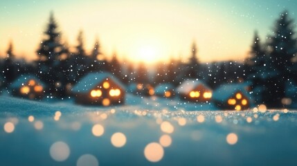 Fototapeta premium Cozy homes are adorned with sparkling lights as snowflakes gently fall, capturing the essence of winter at dusk in a charming village