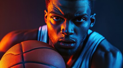 A close-up of a basketball player's intense expression while holding the ball, isolated on a dark gradient background.