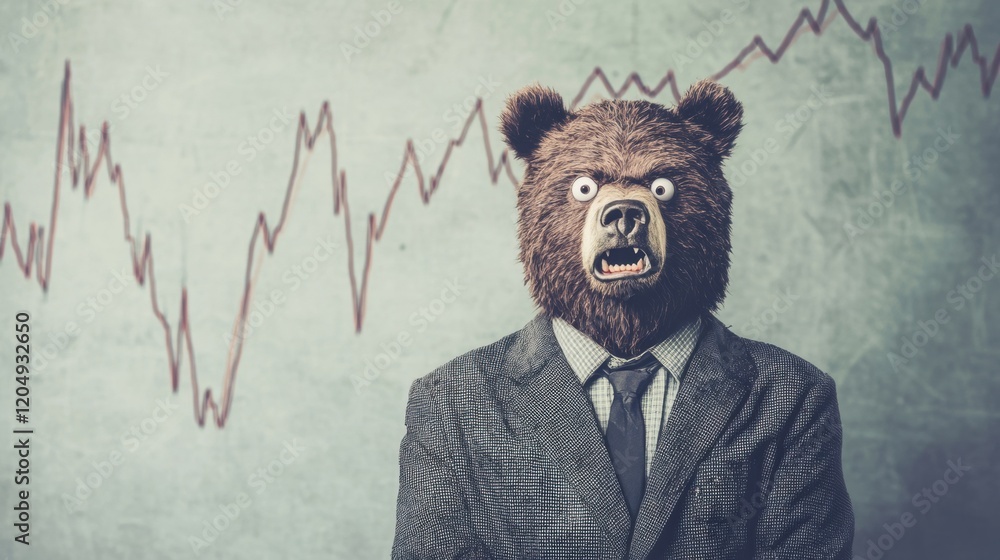 Poster stock trader shows frustration while wearing a bear mask in a chaotic trading environment, with fluc