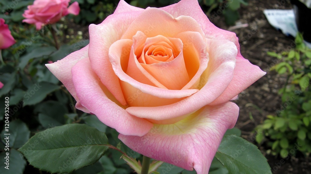 Poster close-up view of a delicate peach rose in full bloom with soft colors and petals