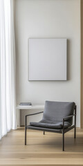 Modern interior featuring minimalistic chair and blank canvas in bright room