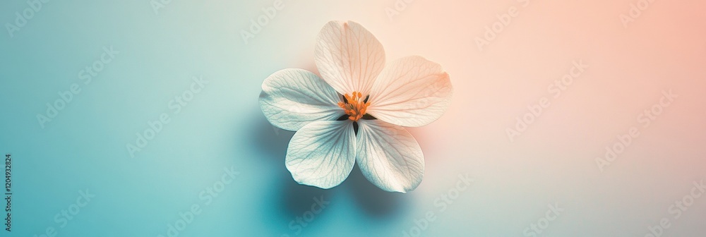 Poster delicate white flower with soft colorful background seen in close up during a serene moment. generat